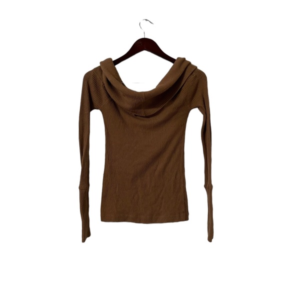 FREE PEOPLE We the Free Brown Ribbed Off Shoulder Sweater Top - Picture 4 of 5